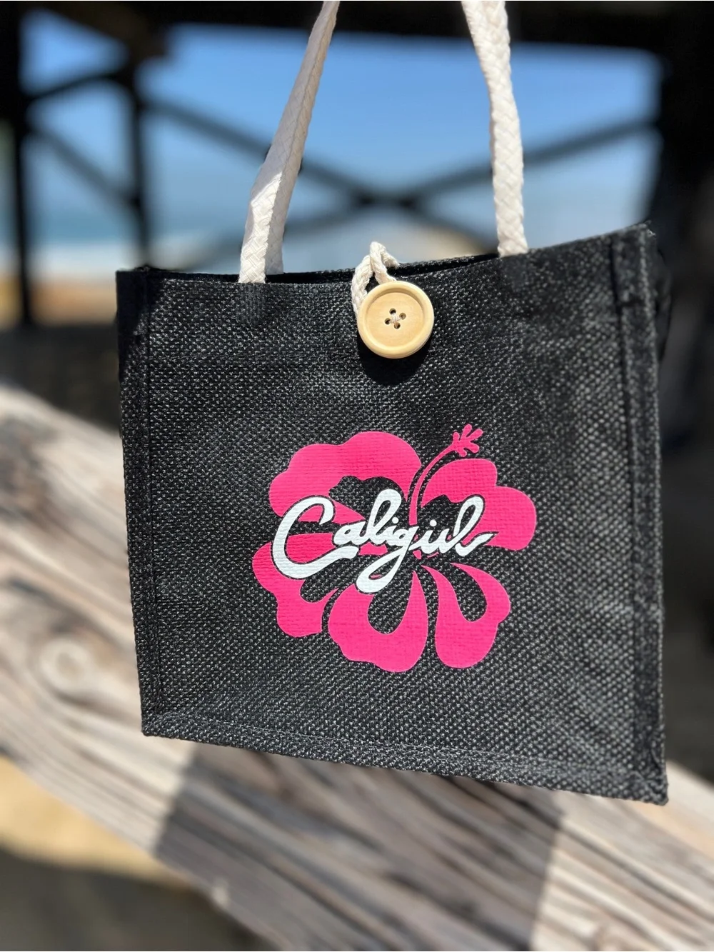 CaliGirl Black Hibiscus Mini Tote Bag Pink Floral Beach Vacation NWT